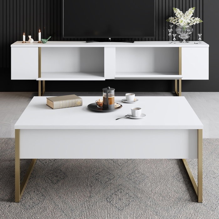 Hanah Home Soporte TV Blanco y Dorado 180cm con Patas Metálicas Elegantes